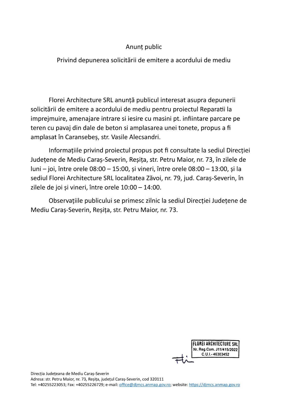 Anunț public - Depunerea solicitării de emitere a acordului de mediu